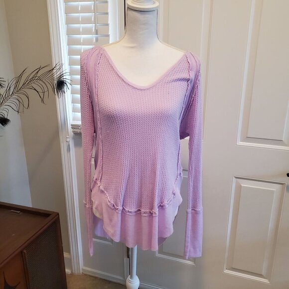 Free People Waffle Knit Ruffle Tunic Womens XS‎ X-Small Lavender Purple Boho - Picture 1 of 11